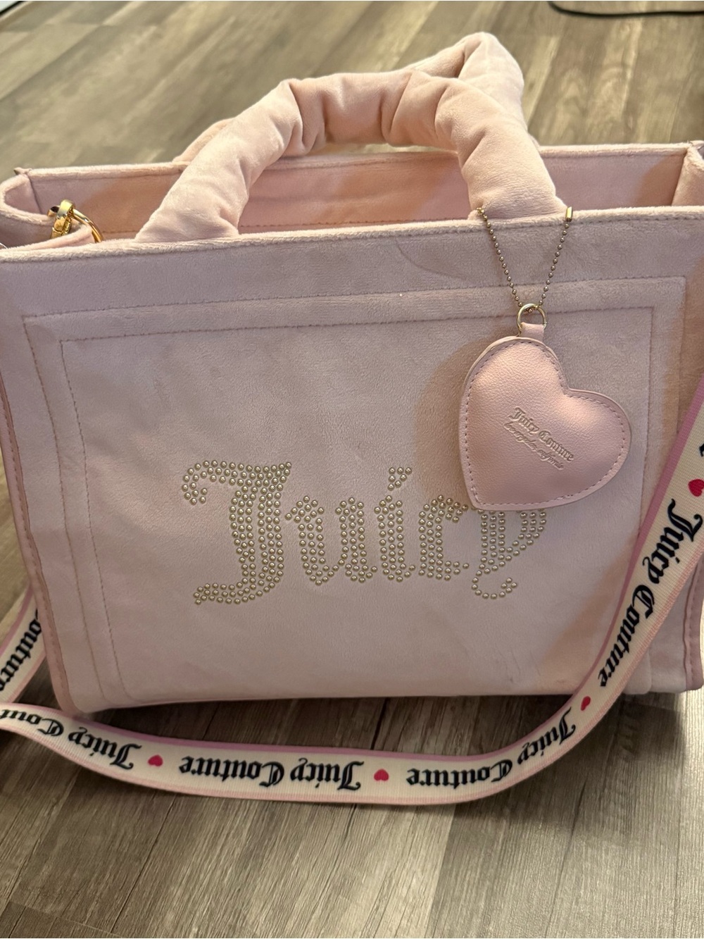 Juicy Couture Pink Velour Tote Bag Heart Coin Purse Crossbody Strap Y2K